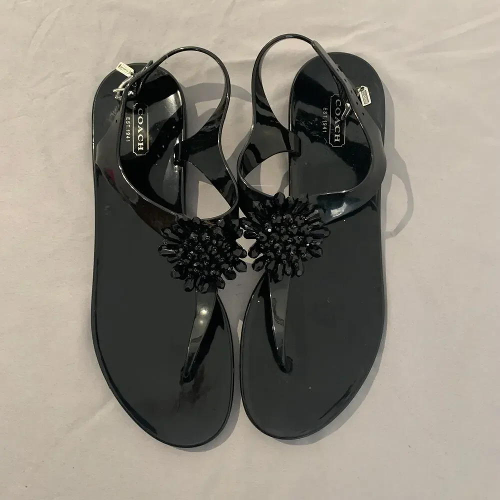 Coach Black Jelly Thong Sandals Crystal Flower Embellished Size 10B